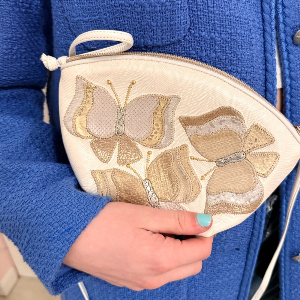 Vintage leather Sharif Cream and Gold Butterfly Clutch Crossbody Purse
